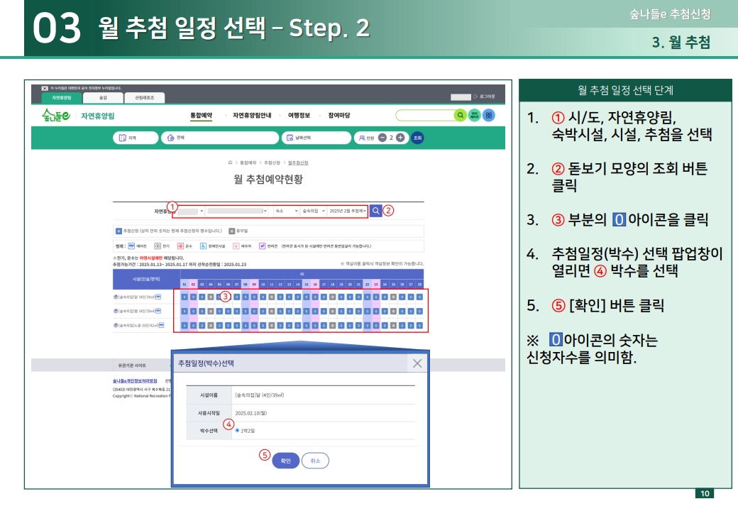 03 월 추첨 일정 선택 – Step. 2 1.① 시/도, 자연휴양림, 숙박시설, 시설, 추첨을 선택 2.② 돋보기 모양의 조회 버튼 클릭 3.③ 부분의 0아이콘을 클릭 4.추첨일정(박수) 선택 팝업창이 열리면 ④ 박수를 선택  5.⑤ [확인] 버튼 클릭 ※ 0아이콘의 숫자는 신청자수를 의미함.