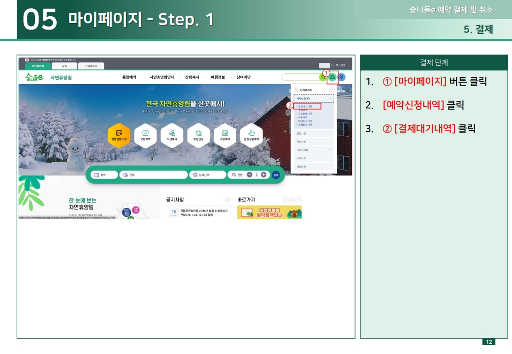 05 마이페이지 - Step. 1 1.① [마이페이지] 버튼 클릭 2.[예약신청내역] 클릭 3.② [결제대기내역] 클릭