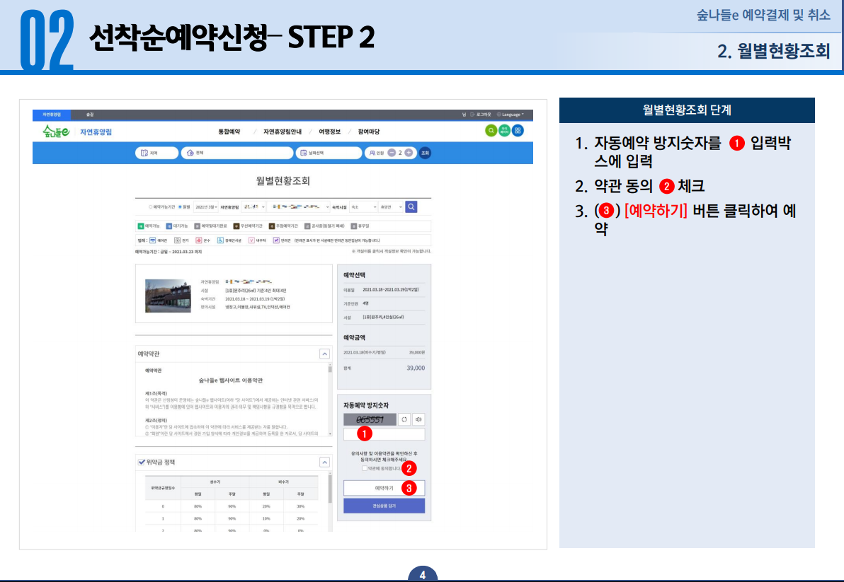 02 선착순예약신청 STEP 2 - 1. 자동예약 방지숫자를 입력박스에 입력합니다. 2. 약관 동의를 체크합니다. 3. [예약하기] 버튼을 클릭하여 예약합니다.