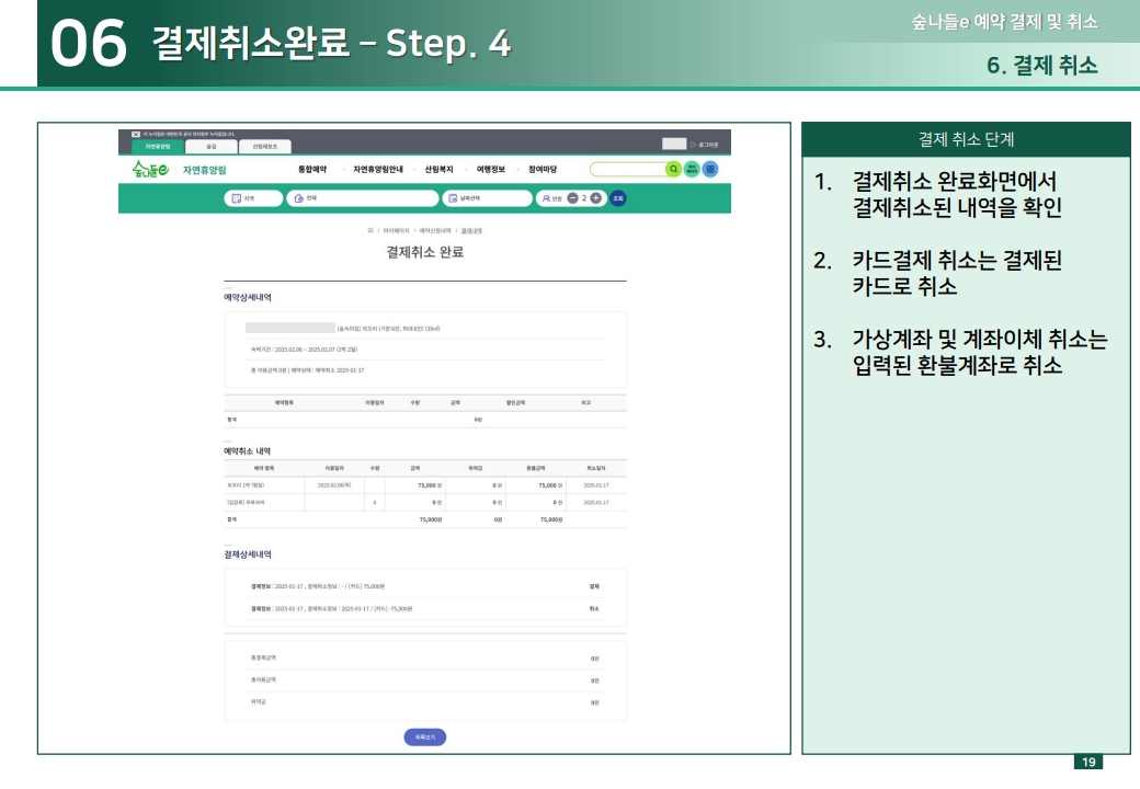 06 결제취소완료 – Step. 4 1.결제취소 완료화면에서 결제취소된 내역을 확인 2.카드결제 취소는 결제된 카드로 취소 3.가상계좌 및 계좌이체 취소는 입력된 환불계좌로 취소