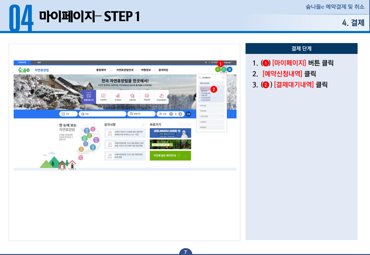 04 마이페이지 STEP 1 - 1. [마이페이지] 버튼을 클릭합니다. 2. [예약신청내역] 버튼을 클릭합니다. 3. [결제대기내역] 버튼을 클릭합니다.