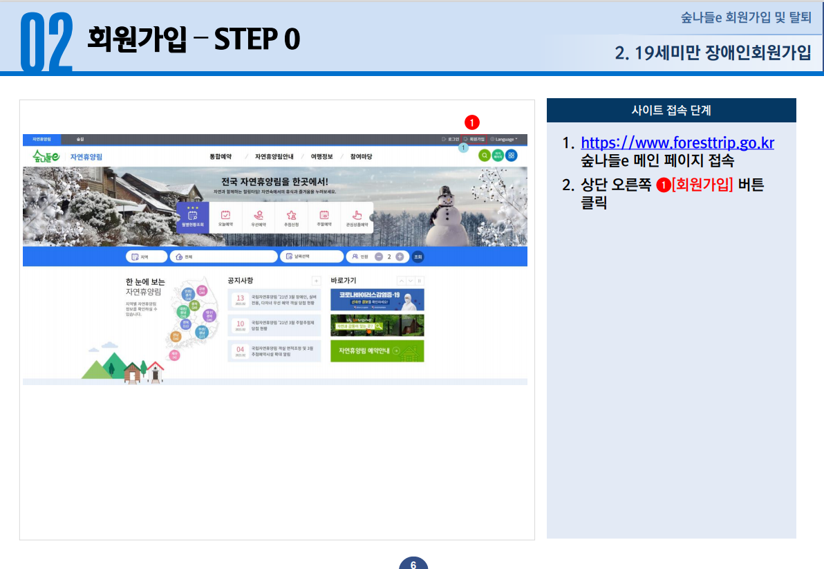 19세미만 장애인회원가입  STEP 0 - 1.https://www.foresttrip.go.kr 숲나들e 메인 페이지에 접속 합니다. 2.상단 오른쪽 회원가입 버튼을 클릭합니다.