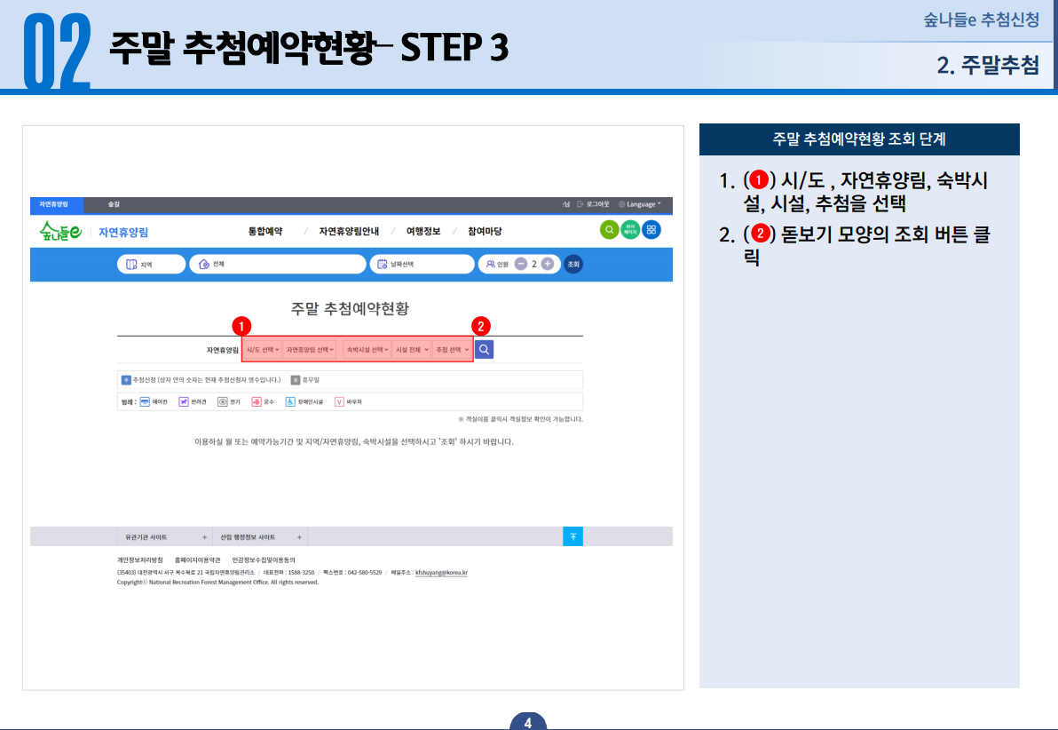 02 주말 추첨예약현황 STEP 3 - 1. 시/도, 자연휴양림, 숙박시설, 시설, 추첨을 선택합니다. 2. 돋보기 모양의 조회버튼을 클릭합니다.