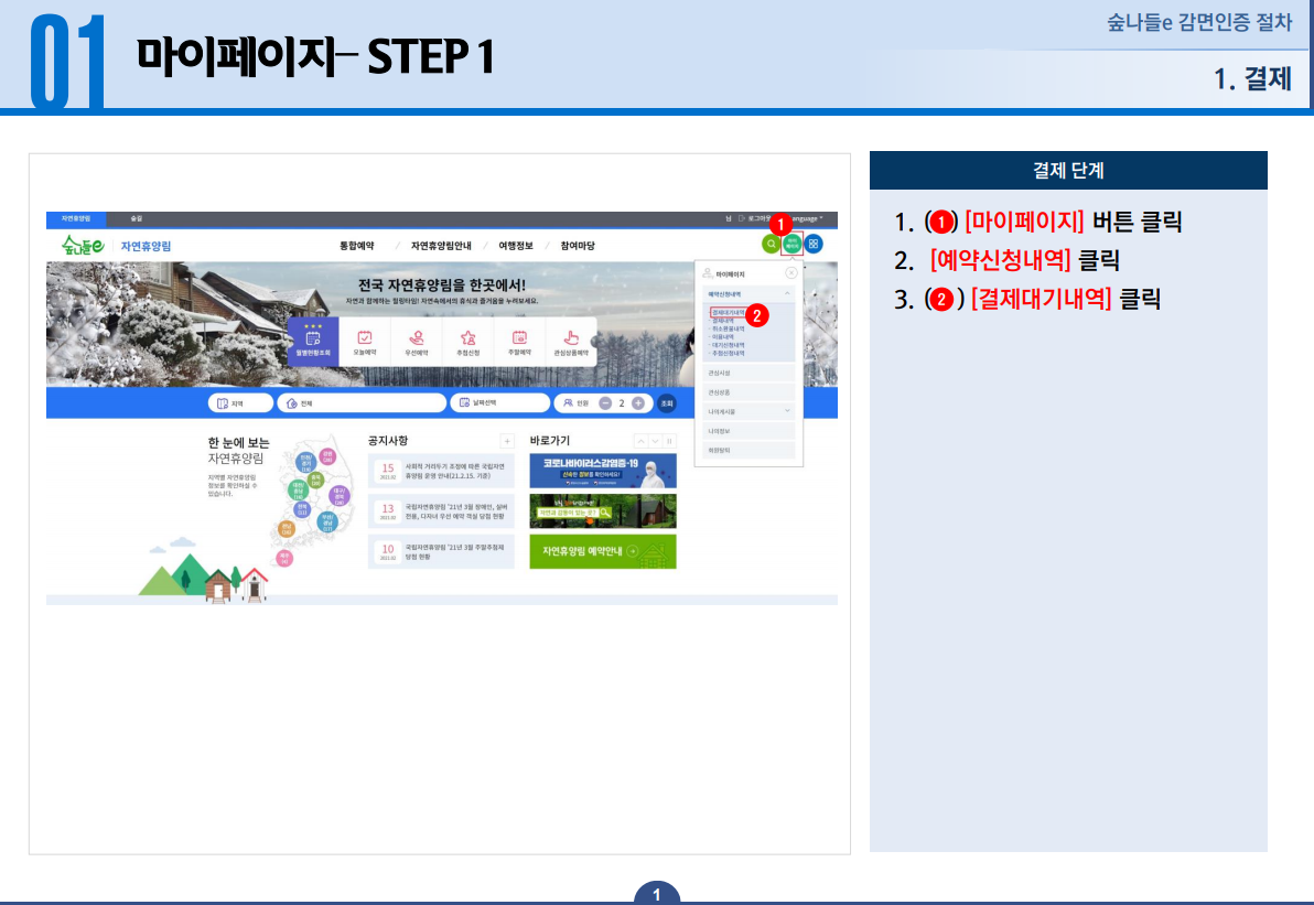 결제 마이페이지 STEP 1 - 1.마이페이지 버튼 클릭합니다. 2.예약신청내역을 클릭합니다. 3.결제대기내역을 클릭합니다.
