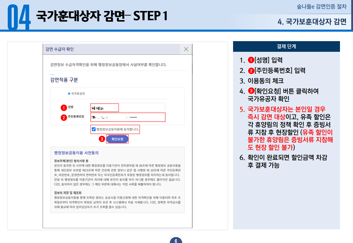 국가보훈대상자 감면 STEP 1 -  1.성명을 입력합니다. 2.주민등록번호를 입력합니다. 3.이용동의에 체크합니다. 4.확인요청 버튼을 클릭하여 국가요공자 확인 요청합니다. 5.국가보훈대상자는 본인일 경우 즉시 감면 대상이고, 유족 할인은 각 휴양림의 정책 확인 후 증빙서류 지참 후 현장할인입니다. (유족 할인이 불가한 휴양림은 증빙서류 지참해도 현장 할인 불가합니다.) 6.확인이 완료되면 할인금액 차감 후 결제 가능합니다.