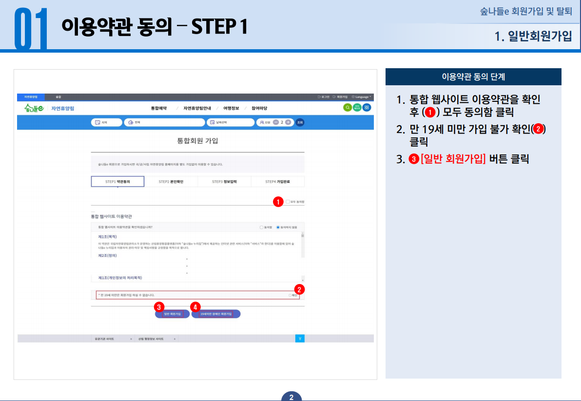 일반회원가입 이용약관 동의 STEP 1 - 1.통합 웹사이트 이용약관을 확인 후 모두 동의함을 클릭합니다. 2.만 19세 미만 가입 불가 확인 클릭 합니다. 3.일반 회원가입 버튼 클릭 합니다.