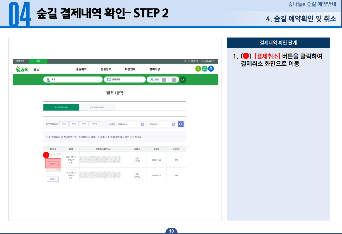 숲길 결제내역 확인-STEP2 1.결제취소 버튼을 클릭하여 결제취소 화면으로 이동