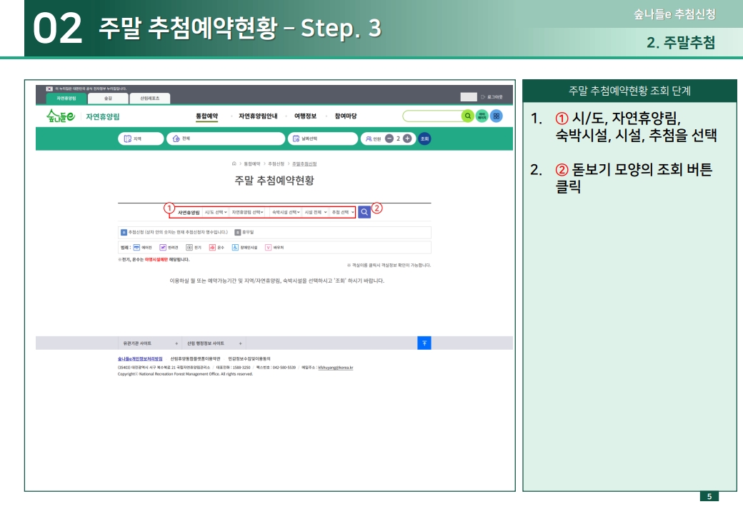 02 주말 추첨예약현황 – Step. 3 1.① 시/도, 자연휴양림, 숙박시설, 시설, 추첨을 선택 2.② 돋보기 모양의 조회 버튼 클릭