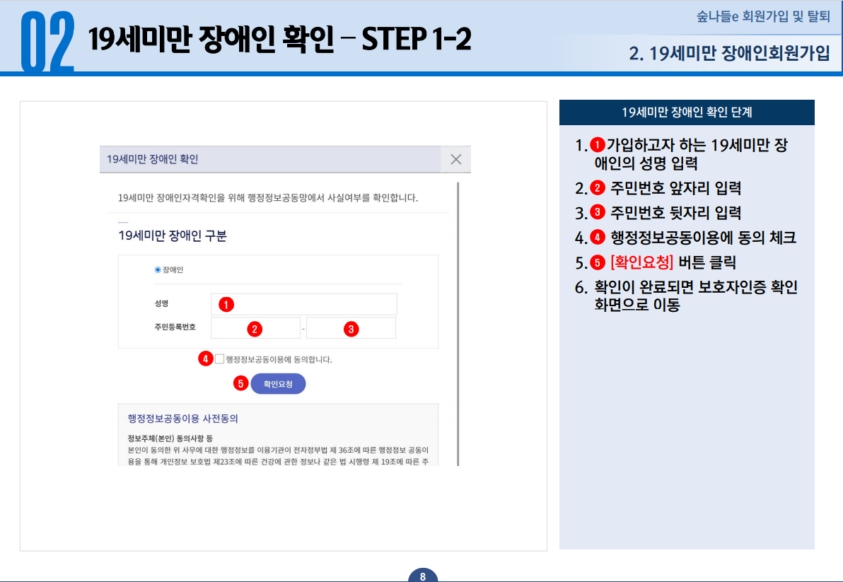 19세미만 장애인회원가입 19세미만 장애인 확인 STEP 1-2 - 1.가입하고자 하는 19세미만 장애인의 성명을 입력합니다. 2.주민번호 앞자리를 입력합니다. 3.주민번호 뒷자리를 입력합니다. 4.행정정보공동이용에 동의 체크합니다. 5.확인요청 버튼 클릭합니다. 6.확인이 완료되면 보호자인증 확인 화면으로 이동합니다.