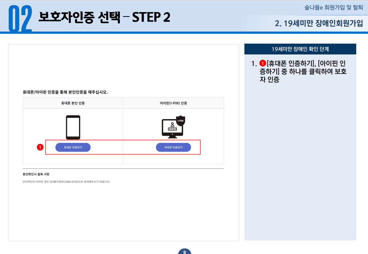 19세미만 장애인회원가입 보호자인증 선택 STEP 2 - 1.휴대폰 인증하기, 아이핀 인증하기 중 하나를 클릭하여 보호자 인증을 진행합니다.