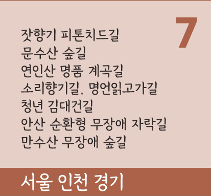 서울 인천 경기 7개,잣향기 피톤치드길,문수산 숲길,연인산 명품 계곡길,소리향기길, 명언읽고가길,청년 김대건길,안산 순환형 무장애 자락길,만수산 무장애 숲길